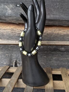 Magnetic Hematite & Gold Leaf Barrel Bead Stretch Bracelet Industrial Boho